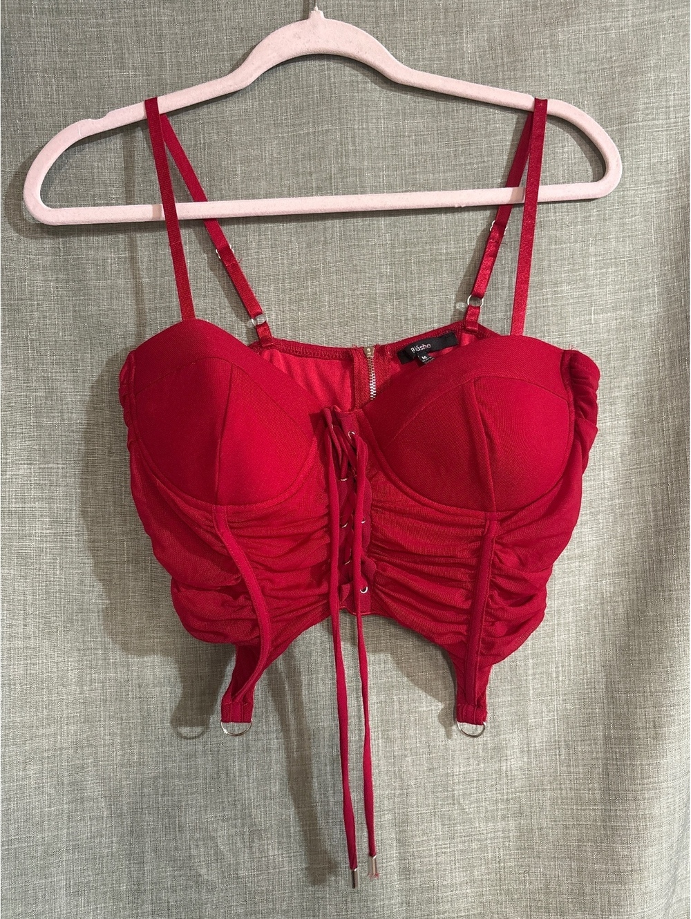 Blashe Red Ruched Bustier Crop Top with Adjustable Straps and Back Zipper - Size